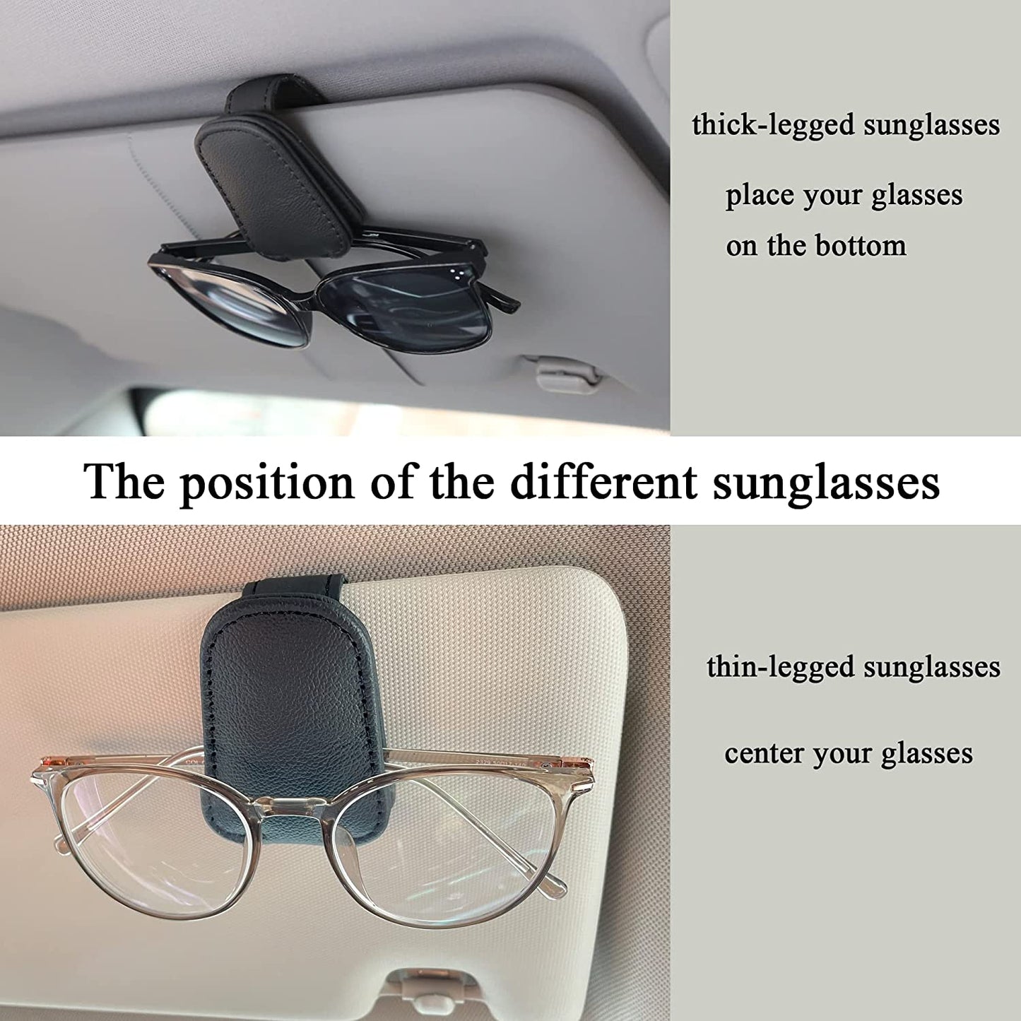 KIWEN Sunglasses Holders for Car Sun Visor, Magnetic Leather Glasses Eyeglass Hanger Clip for Car, Ticket Card Clip Eyeglasses Mount, Car Visor Accessories(Black)