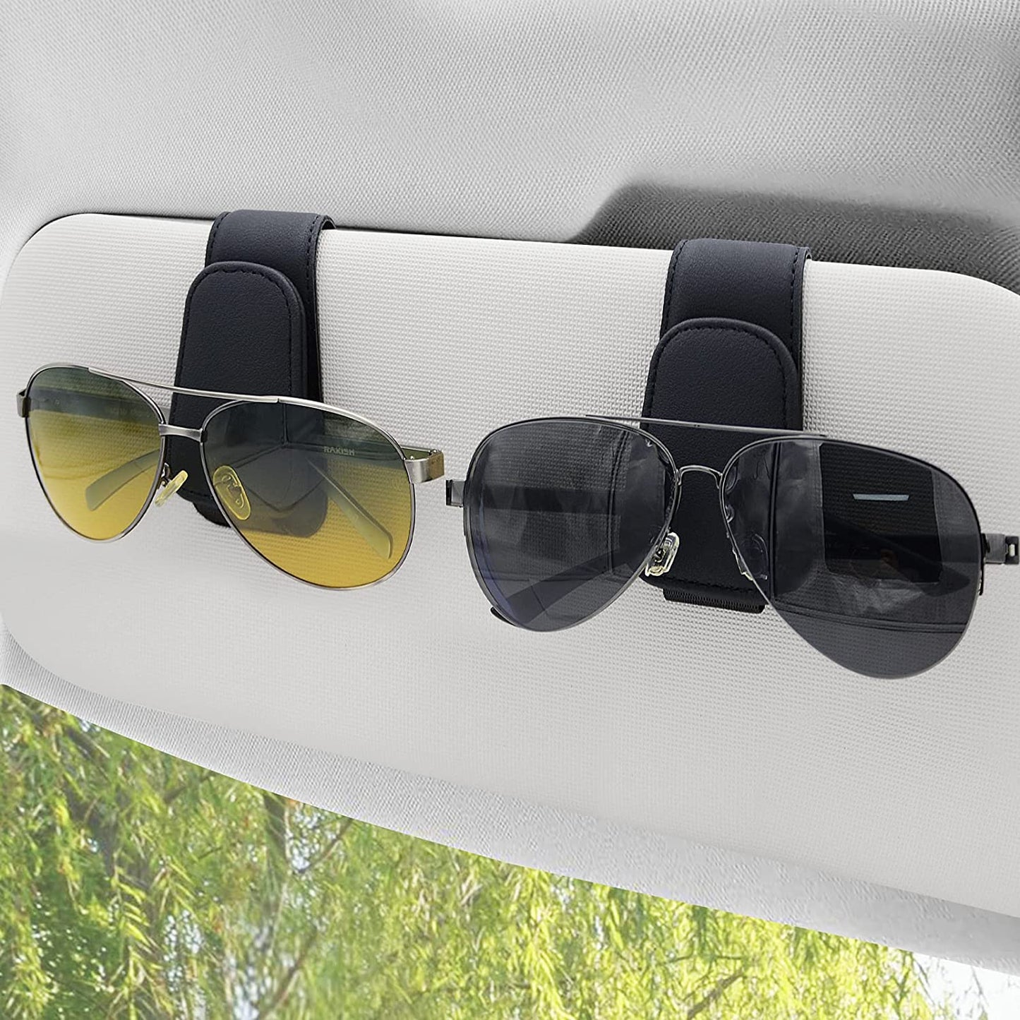 Luxury Sunglass Holder for Car Visor, Magnetic Clip Sunglasses Car Holder, Leather Glasses Holder Eyeglass Hanger Eyeglasses Mount, 2-Pack