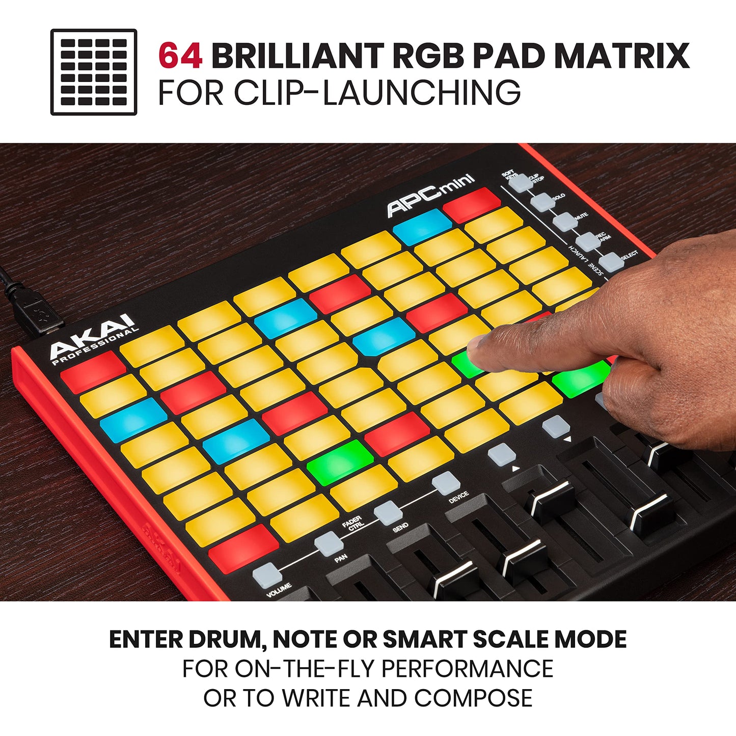 AKAI Professional APC Mini MK2 - USB MIDI Pad Controller for Clip Launching with Ableton Live Lite, 64 RGB Pads, Drum and Note Mode and MIDI Mixer,Black