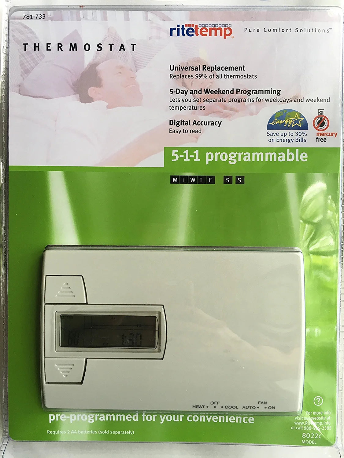 Ritetemp Programmable Thermostat, Model 8022c