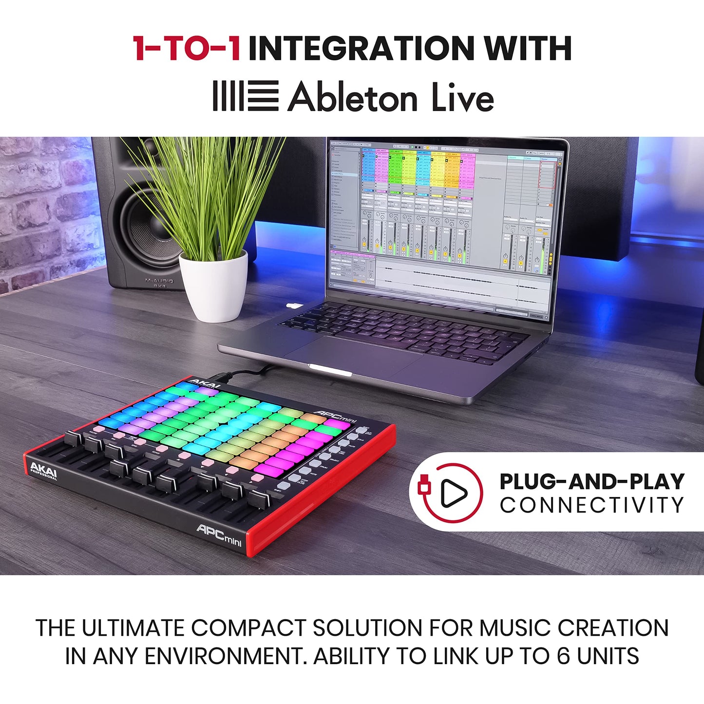 AKAI Professional APC Mini MK2 - USB MIDI Pad Controller for Clip Launching with Ableton Live Lite, 64 RGB Pads, Drum and Note Mode and MIDI Mixer,Black