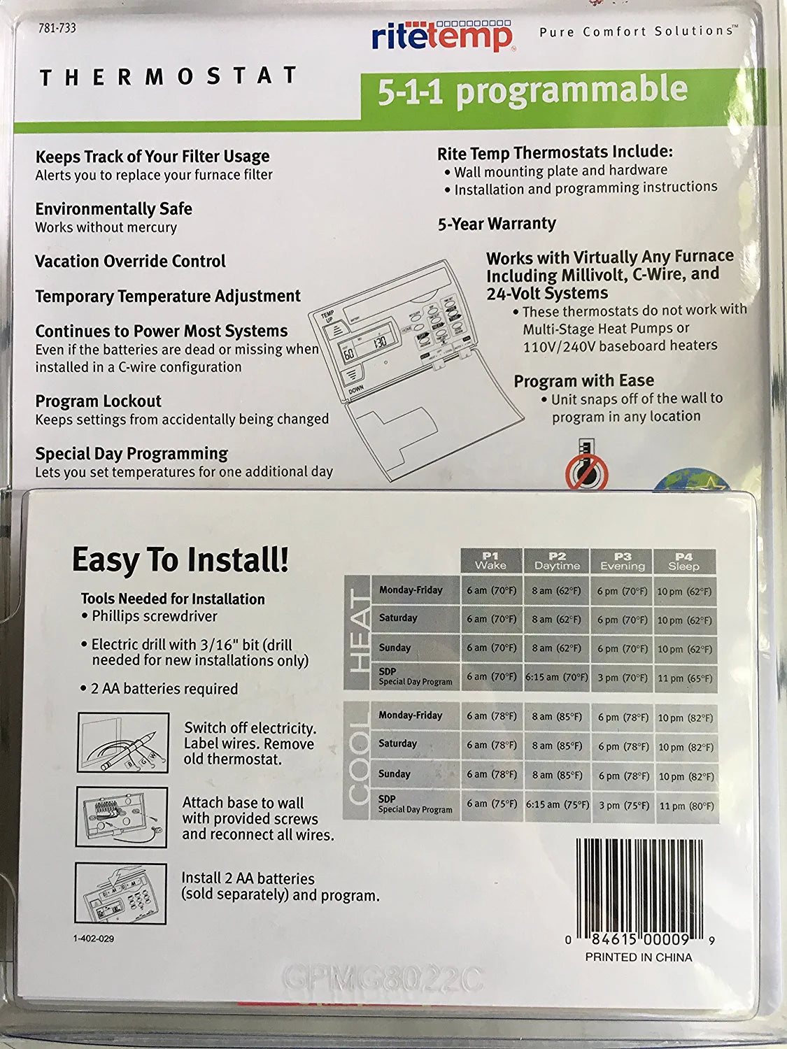 Ritetemp Programmable Thermostat, Model 8022c